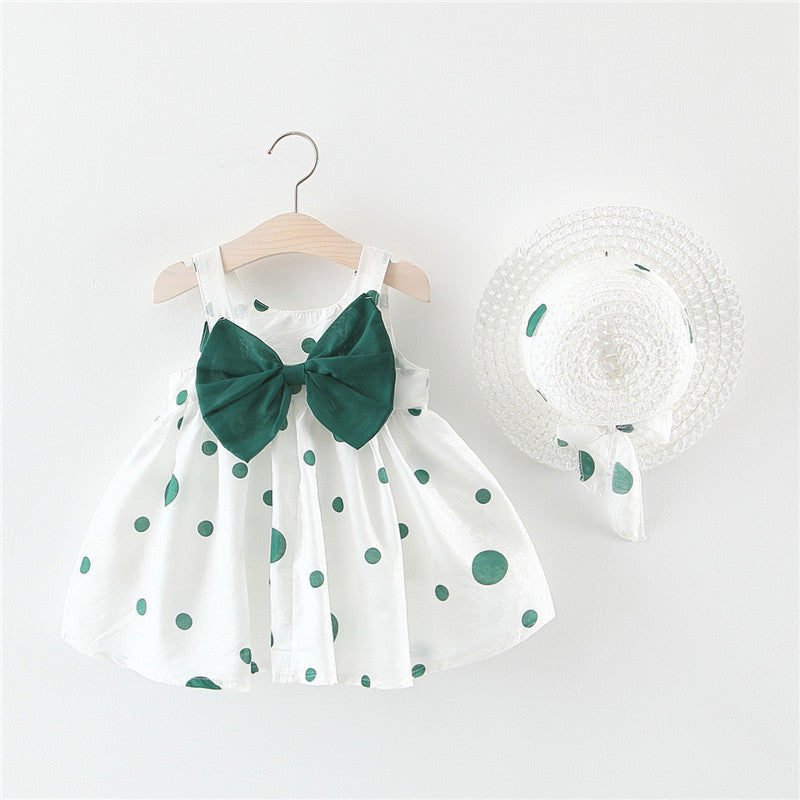 Summer Girls Dot Strap Dress Baby Sleeveless Princess Dress Beach Skirt Free Hat