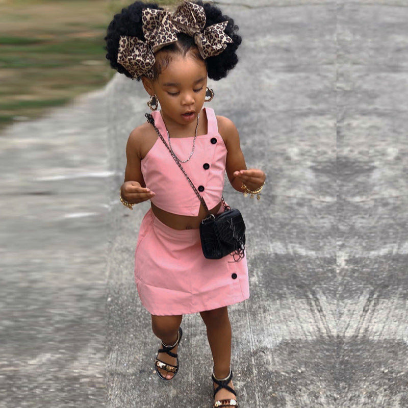 Children's Suit Girls' Pop Suspender Solid Color Skirt Two-Piece Set