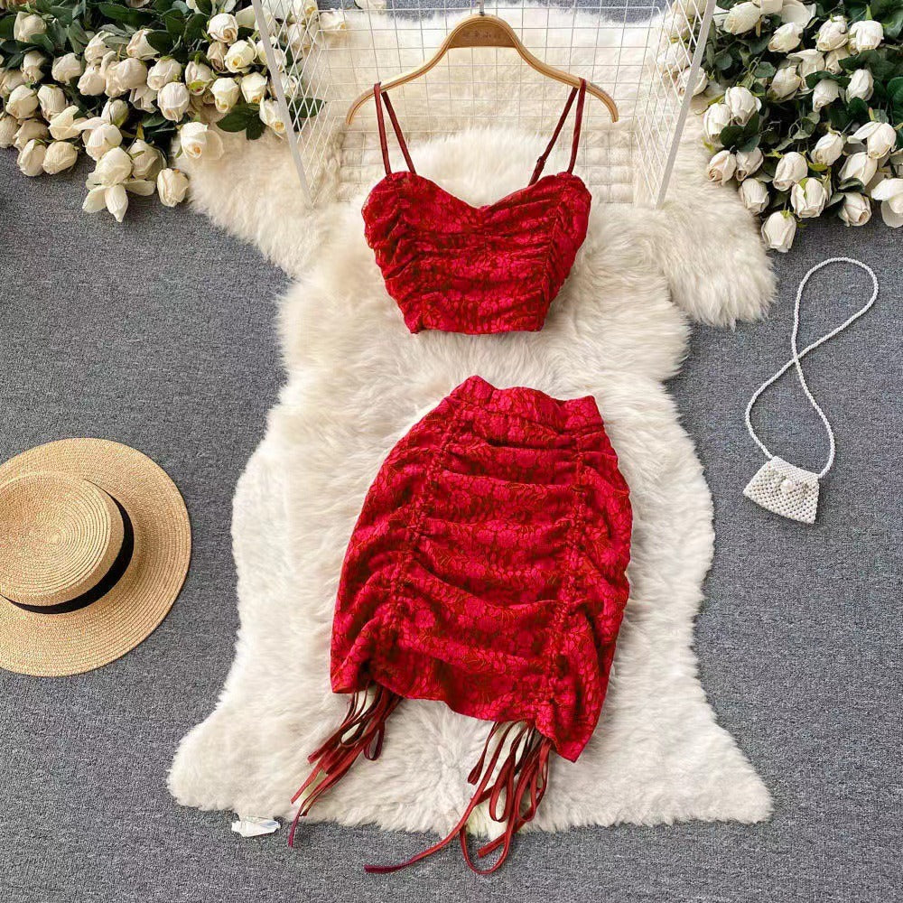 Girls New Summer Strap Short Pleated Top Wrapped Hip Half Skirt Drawstring Short Skirt Pure Desire Two Piece Set