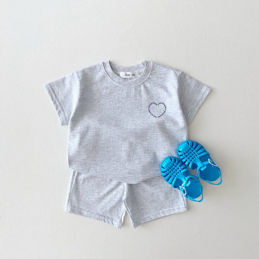 Korean Version Ins Boys And Girls Heart-Shaped Printing Summer Thin Cotton Suit Two-Piece Baby Loose Suit Trend