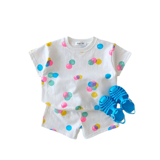 Korean Version Ins Children's Clothing Cotton Color Bubble Casual Short Sleeve Suit Baby T-Shirt Shorts Dress