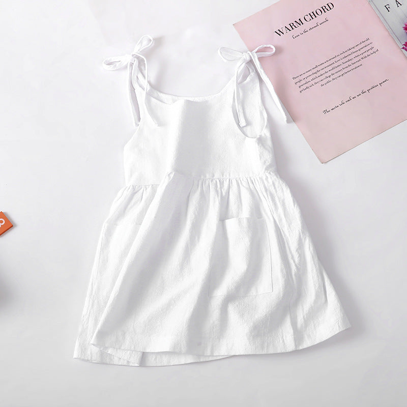 Ins Girls Summer Solid Color Cotton And Linen 2 Side Pocket Suspender Dress Tie Children's Suspender Dress