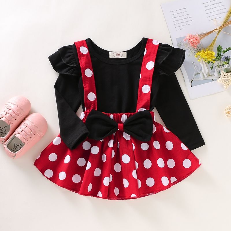 Girls' Summer Solid Color Fly Sleeve Top Dot Suspender Skirt