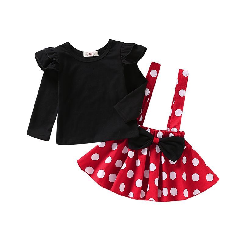 Girls' Summer Solid Color Fly Sleeve Top Dot Suspender Skirt