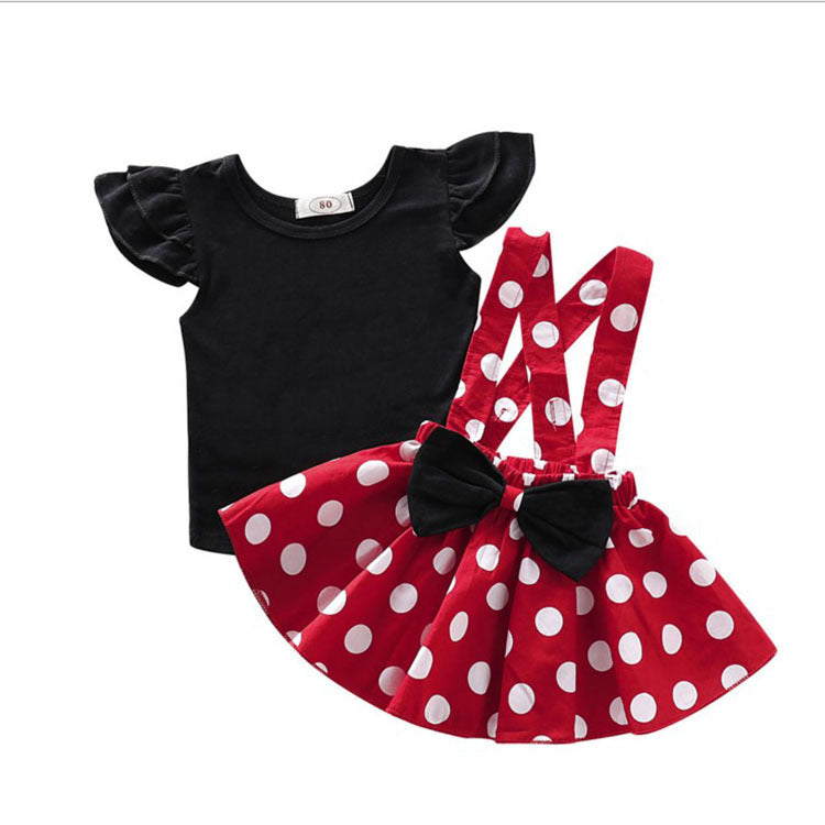 Girls' Summer Solid Color Fly Sleeve Top Dot Suspender Skirt