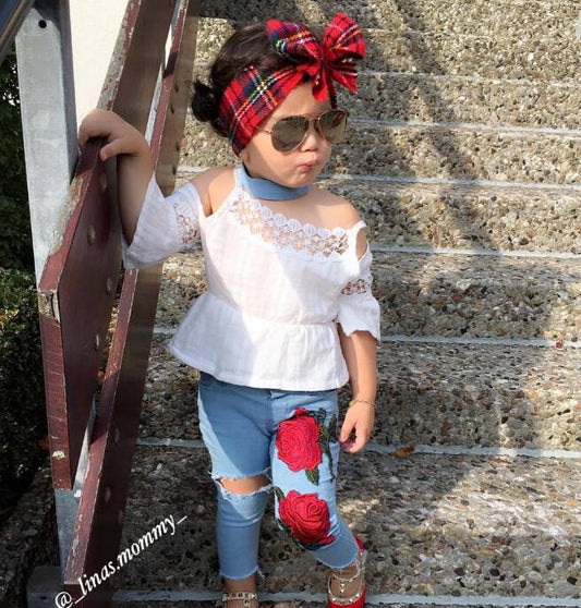 Girls Set Europe And America Rose sling Lace Shirt Jeans Children's Suit Wear Printed Jeans