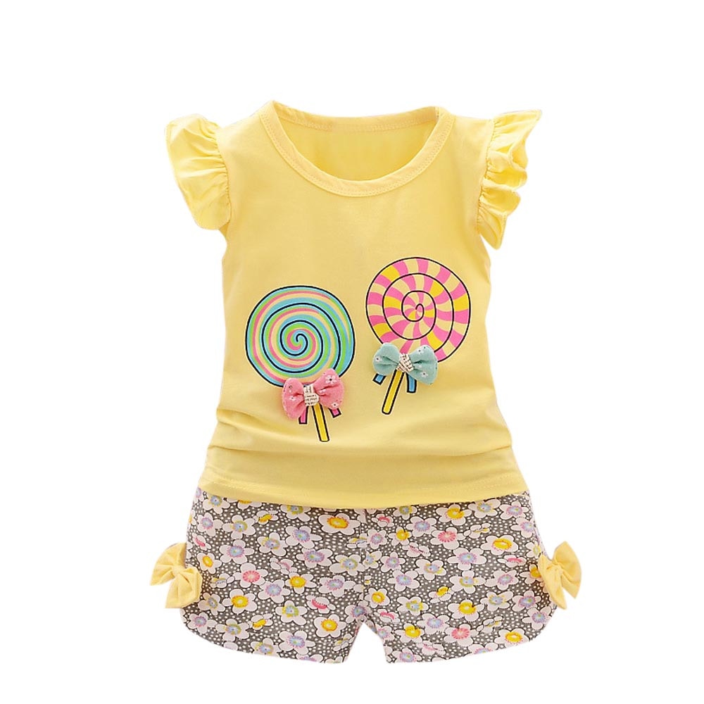 Baby Girl Set Lolly Sleeveless T-shirt Tops+Short Print Pants Clothes Set