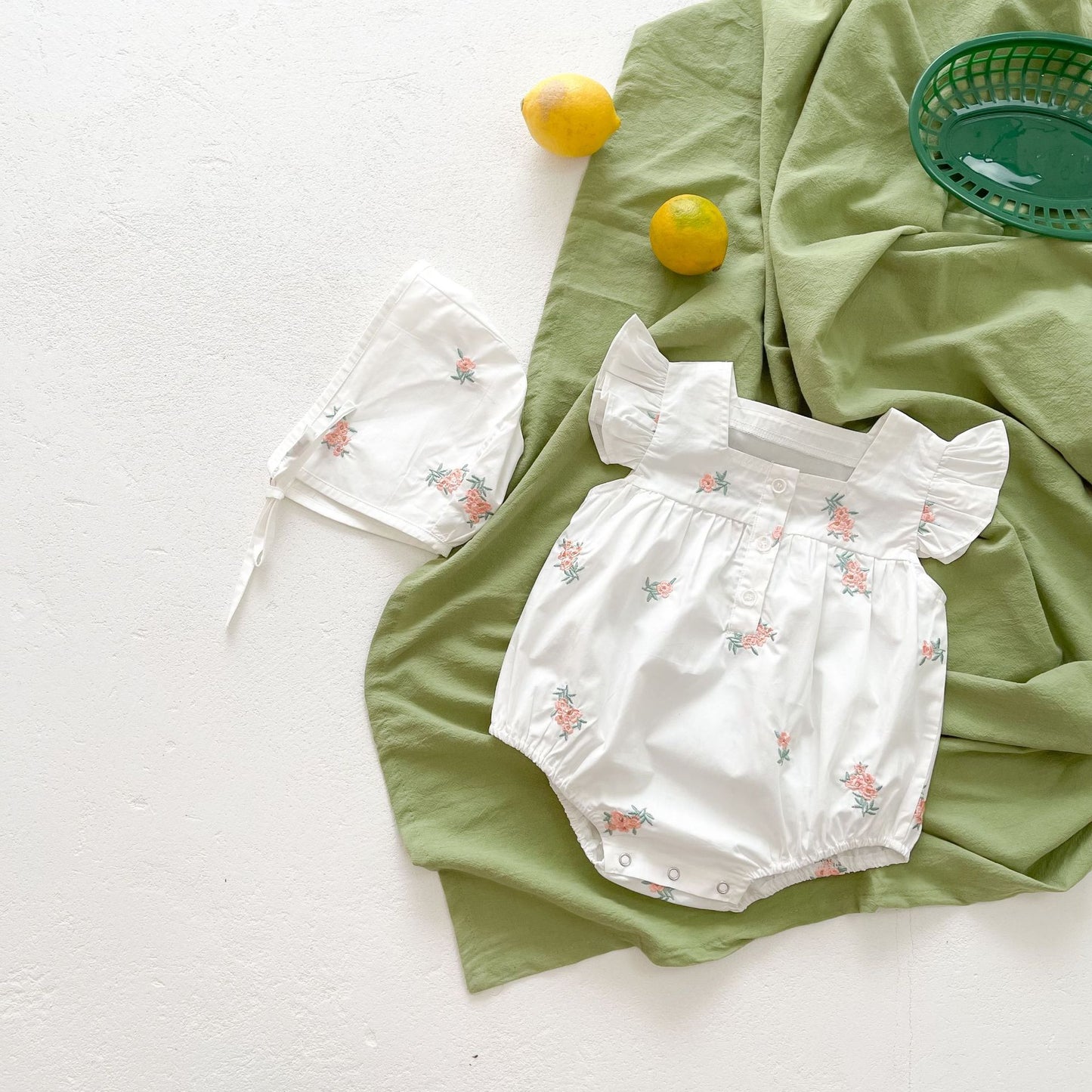 Summer Cotton Baby Flying Sleeve Romper Flower Embroidery Square-Neck Baby Girl's Jumpsuit Mori Romper
