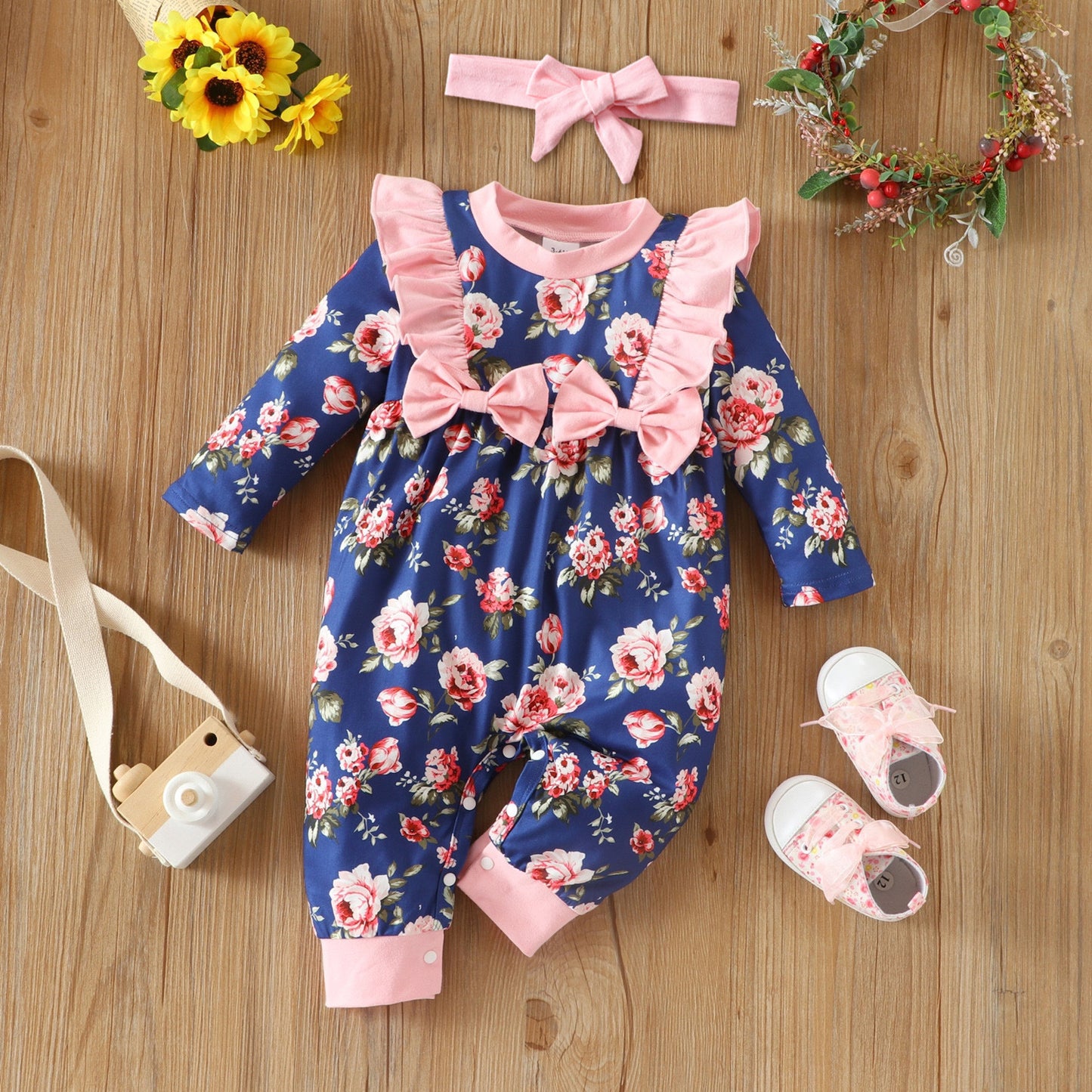 Infant Children's Long-Sleeved Lace Bow Flower One-Piece Romper Girl Baby Autumn And Winter Romper