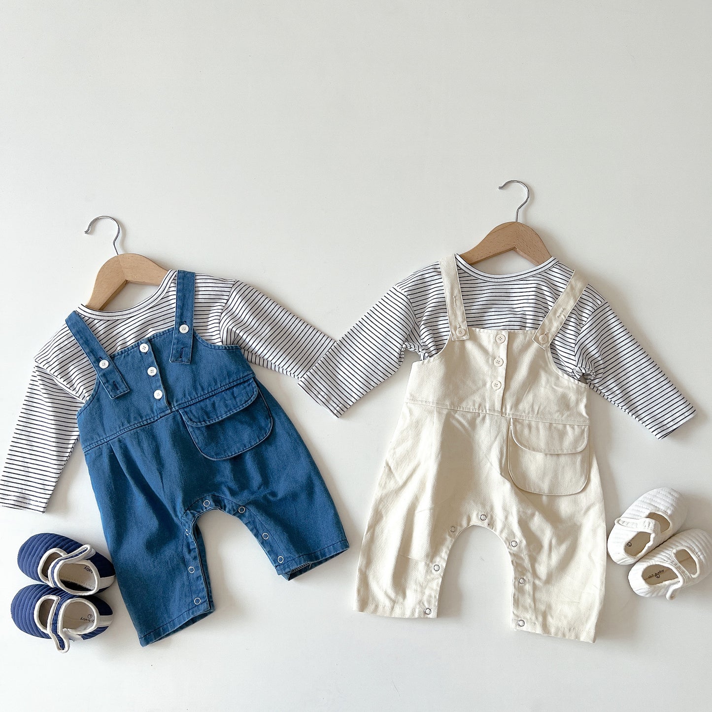 Children's clothing boys and girls baby spring new baby denim overalls striped long sleeved T-shirt foreign style