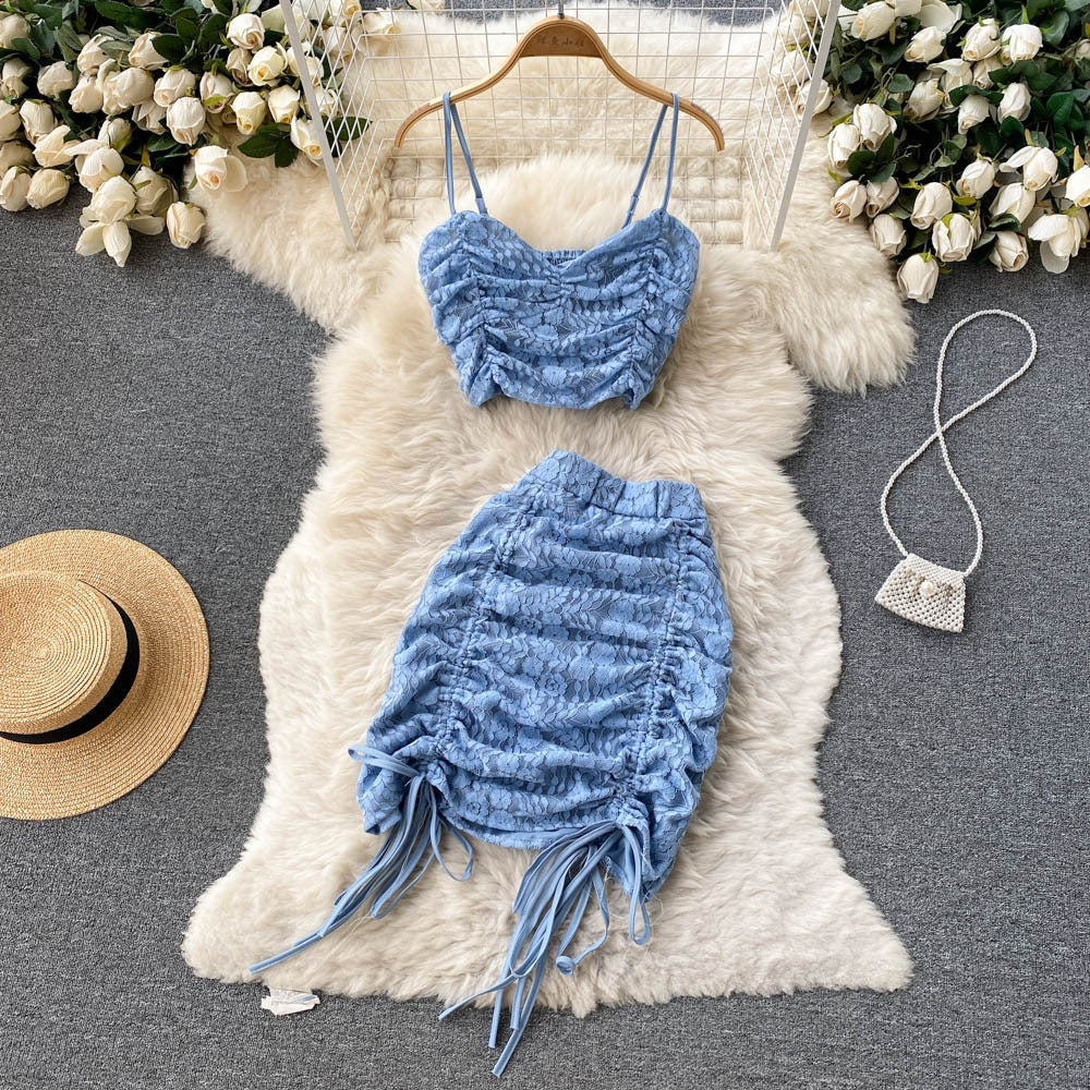 Girls New Summer Strap Short Pleated Top Wrapped Hip Half Skirt Drawstring Short Skirt Pure Desire Two Piece Set