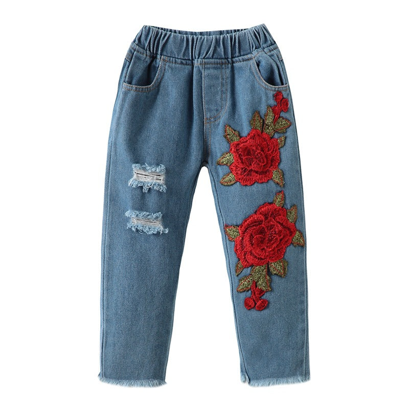 Girls Set Europe And America Rose sling Lace Shirt Jeans Children's Suit Wear Printed Jeans