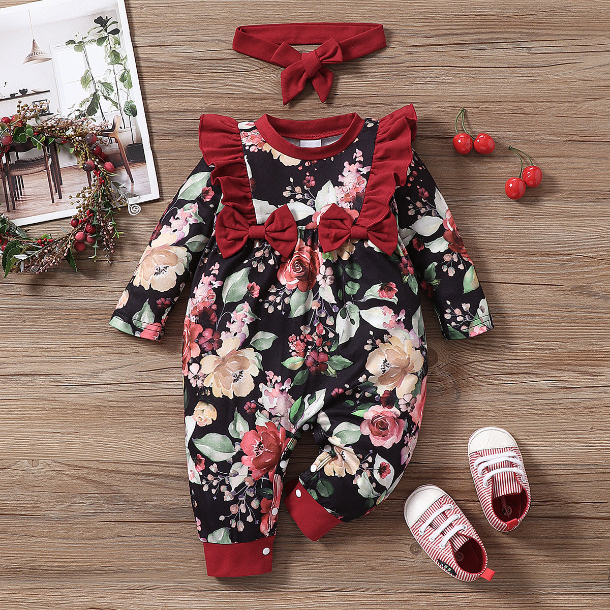 Infant Children's Long-Sleeved Lace Bow Flower One-Piece Romper Girl Baby Autumn And Winter Romper