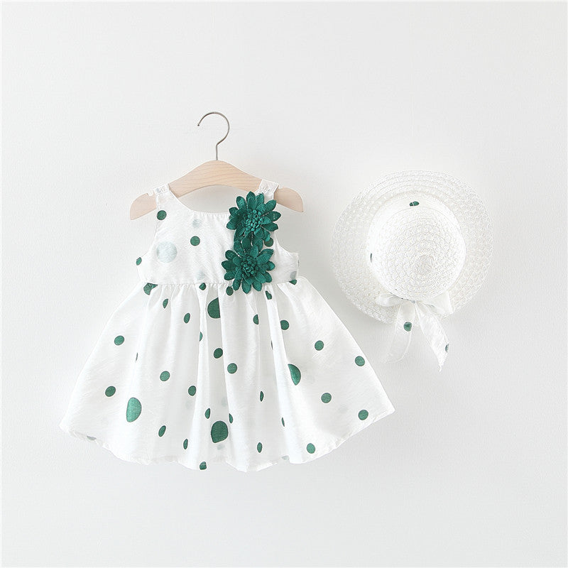 Summer Girls Dot Strap Dress Baby Sleeveless Princess Dress Beach Skirt Free Hat