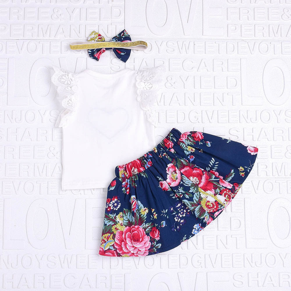 Baby Girl Clothes Floral Print Lace Tops+Print Skirt +Bow HeadbandsClothes Outfits Set