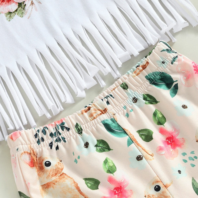 Girls Summer European And American Short Sleeve Tassel T Shirt Rabbit Flower Flare Pants Set Girls Set Two Piece Set