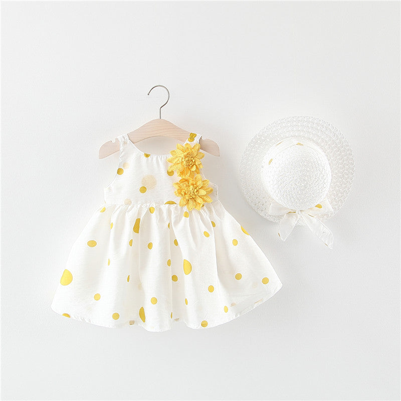 Summer Girls Dot Strap Dress Baby Sleeveless Princess Dress Beach Skirt Free Hat