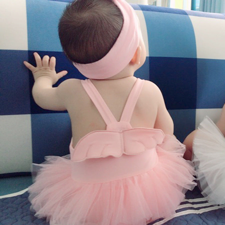 Baby Children Swimming Girls Swimsuit One-Piece Little Angel Wings Swimsuit Princess Girl Baby Skirt Tutu Skirt Lace