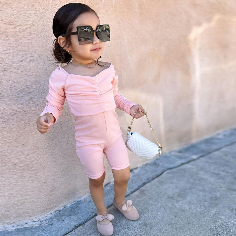 New Casual Children's Clothing Girls Fashion Pleated Strapless Solid Color Jumpsuit Girl