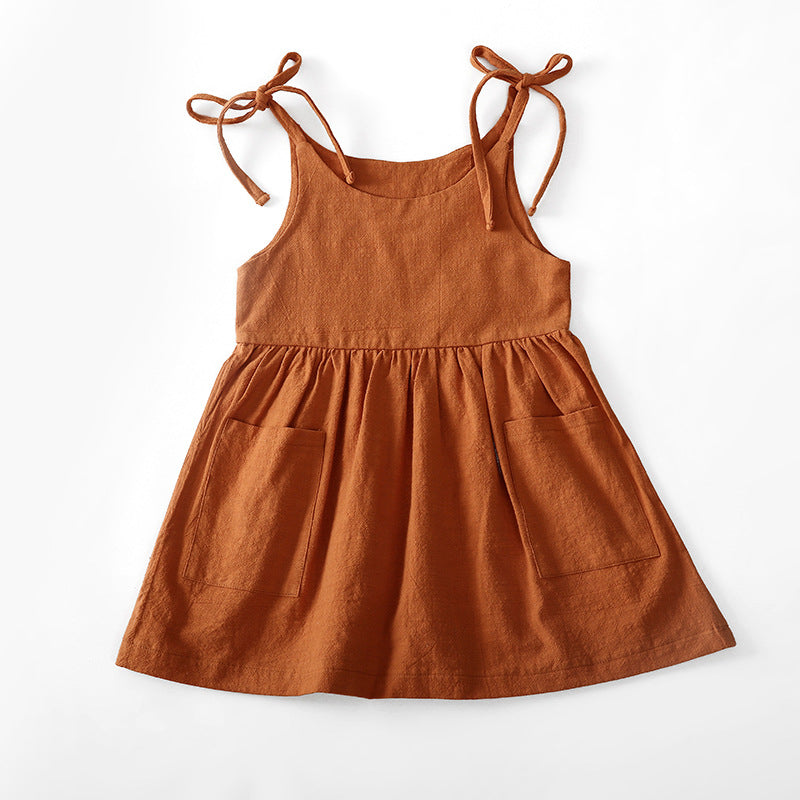 Ins Girls Summer Solid Color Cotton And Linen 2 Side Pocket Suspender Dress Tie Children's Suspender Dress