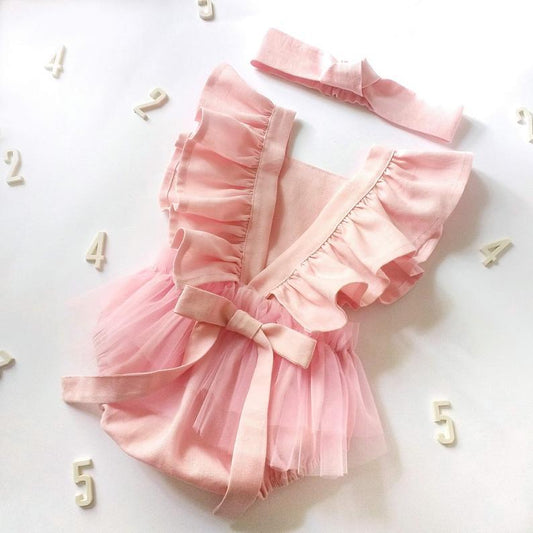 Ins Hot Summer Newborn Cotton Linen Romper Solid Color Mesh Bow Baby Romper
