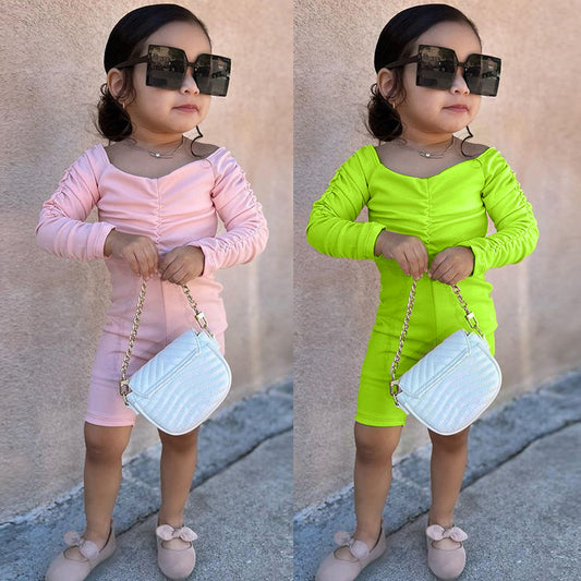 New Casual Children's Clothing Girls Fashion Pleated Strapless Solid Color Jumpsuit Girl