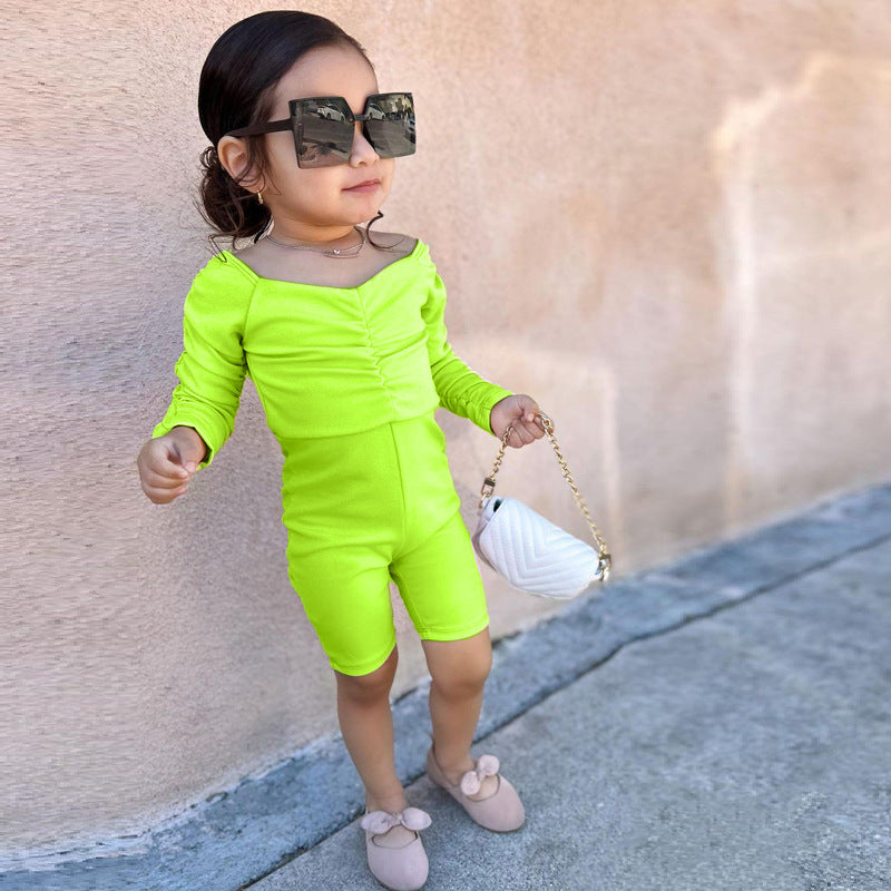 New Casual Children's Clothing Girls Fashion Pleated Strapless Solid Color Jumpsuit Girl