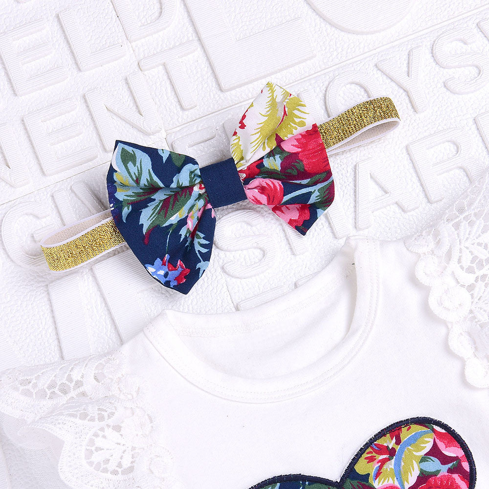 Baby Girl Clothes Floral Print Lace Tops+Print Skirt +Bow HeadbandsClothes Outfits Set