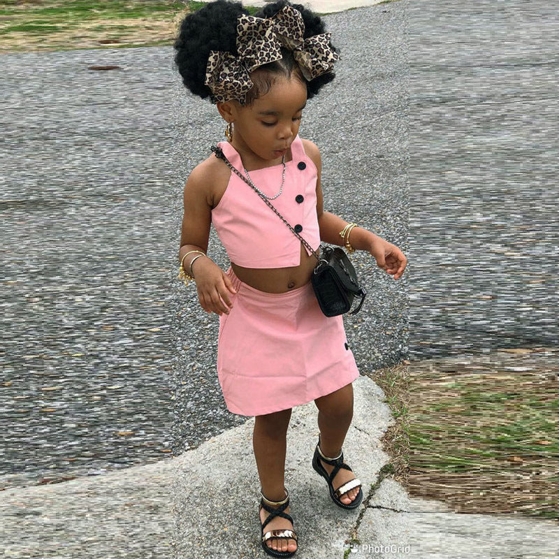 Children's Suit Girls' Pop Suspender Solid Color Skirt Two-Piece Set