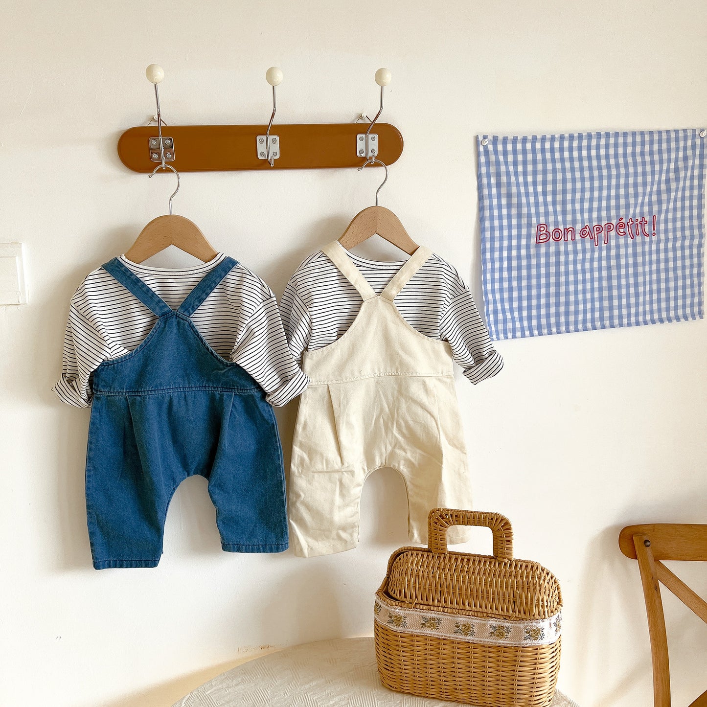 Children's clothing boys and girls baby spring new baby denim overalls striped long sleeved T-shirt foreign style