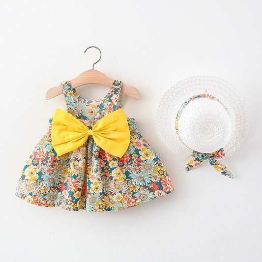 Children's Skirts  Chest Bow Dresses Pastoral Princess Skirts Send Hats Baby Beach Skirts