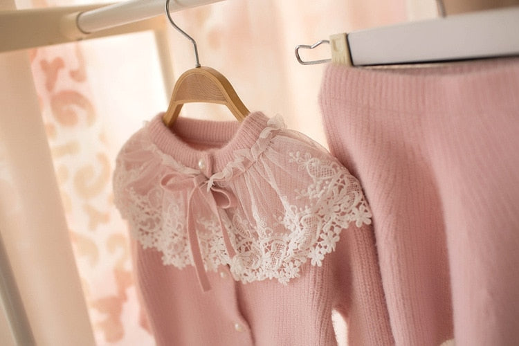 Autumn Winter Children's Sweater Set Girls' Lace Solid Color Long Sweater +Short Skirt 2PCS Girls Clothes Suit