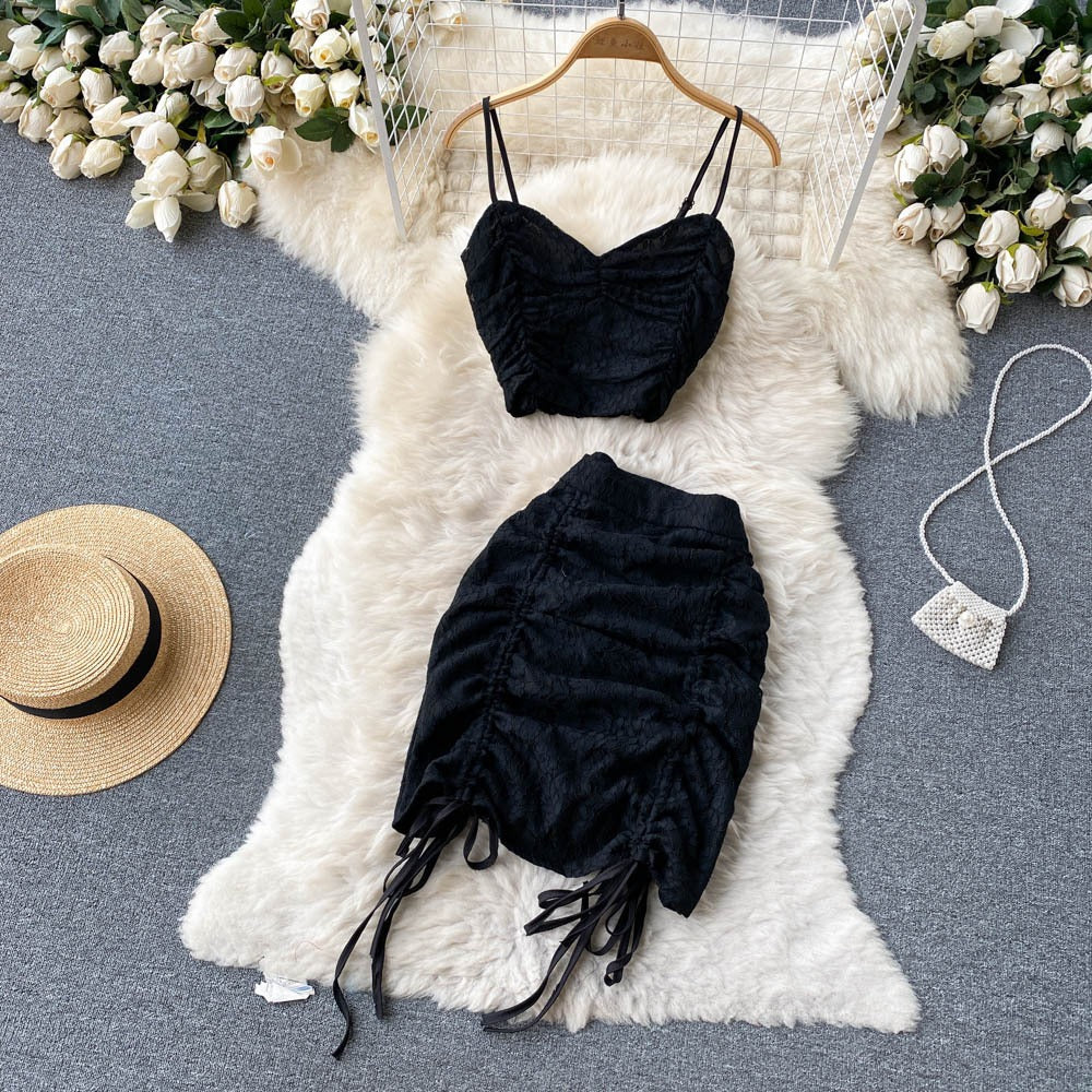 Girls New Summer Strap Short Pleated Top Wrapped Hip Half Skirt Drawstring Short Skirt Pure Desire Two Piece Set
