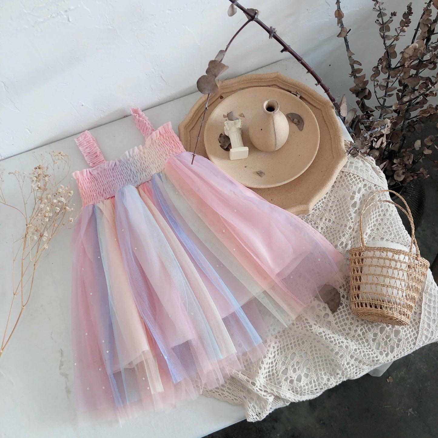 Girls Korean Style Skirt Rainbow Mesh Suspender Skirt Children's Princess Dress Summer Dress
