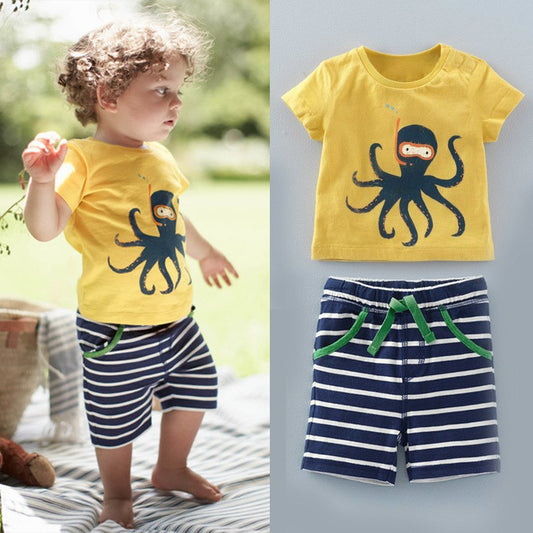 The United States and Europe Boy Octopus Octopus Printed T-shirt + Striped Pants 2 Sets of Children's Suit Boys Clothing Set