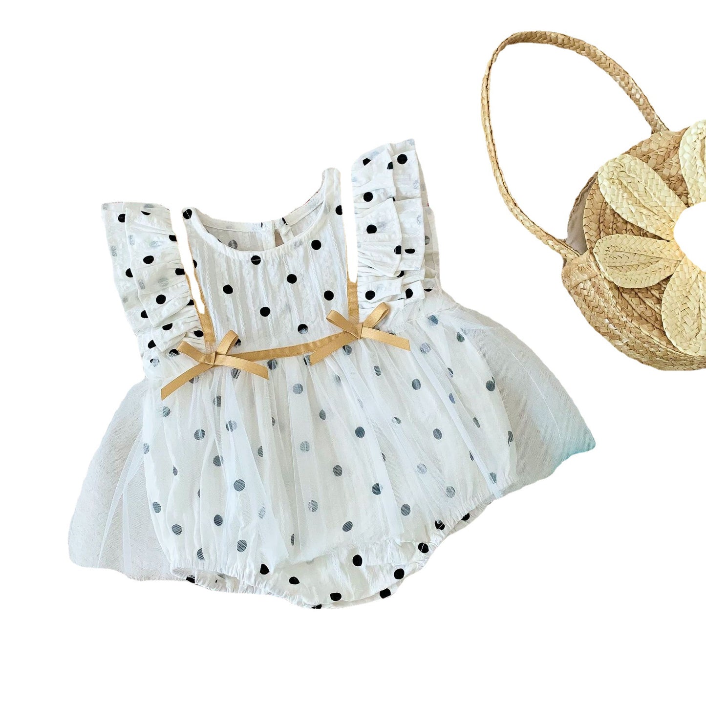 New Baby Children's Triangle Climbing Jumper Short-Sleeved White Summer One-Piece Romper Polka Dot Mesh Skirt