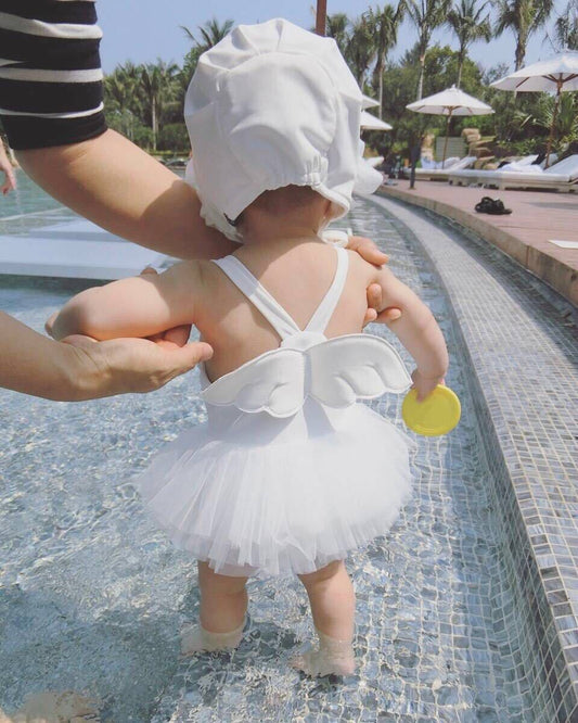Baby Children Swimming Girls Swimsuit One-Piece Little Angel Wings Swimsuit Princess Girl Baby Skirt Tutu Skirt Lace