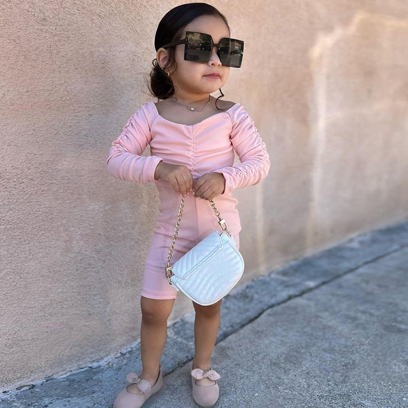New Casual Children's Clothing Girls Fashion Pleated Strapless Solid Color Jumpsuit Girl