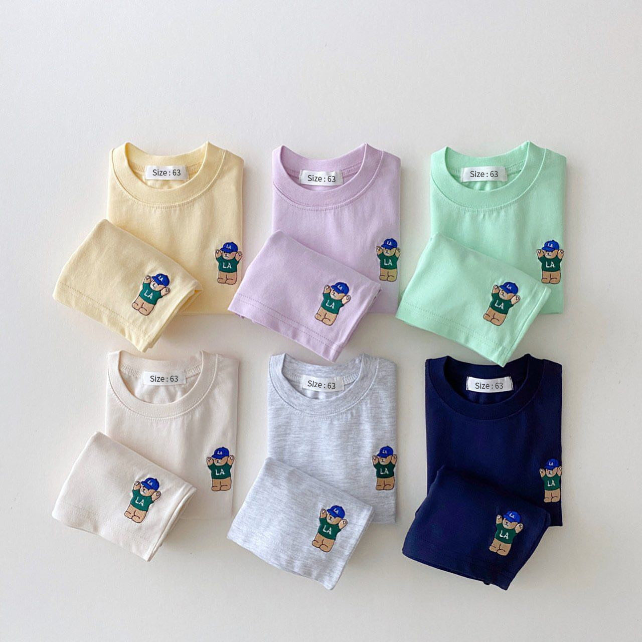 Korean Version Of Ins Children's Clothing Candy Color Cotton Casual Short-Sleeved Suit Baby Cartoon Bear T-Shirt Shorts