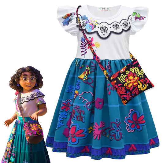 Enchanted House Encanto Mirabel Children's Dress Girls' Sleeve Dress With Bag