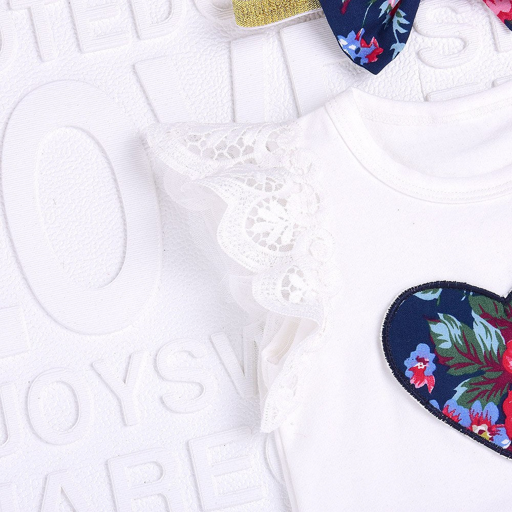 Baby Girl Clothes Floral Print Lace Tops+Print Skirt +Bow HeadbandsClothes Outfits Set