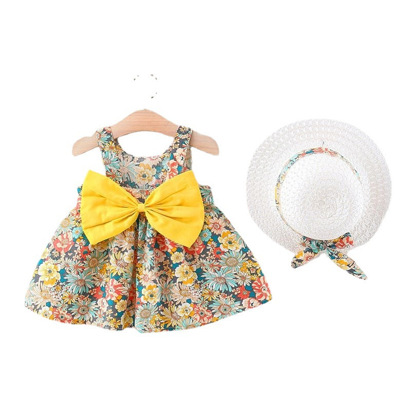 Children's Skirts  Chest Bow Dresses Pastoral Princess Skirts Send Hats Baby Beach Skirts