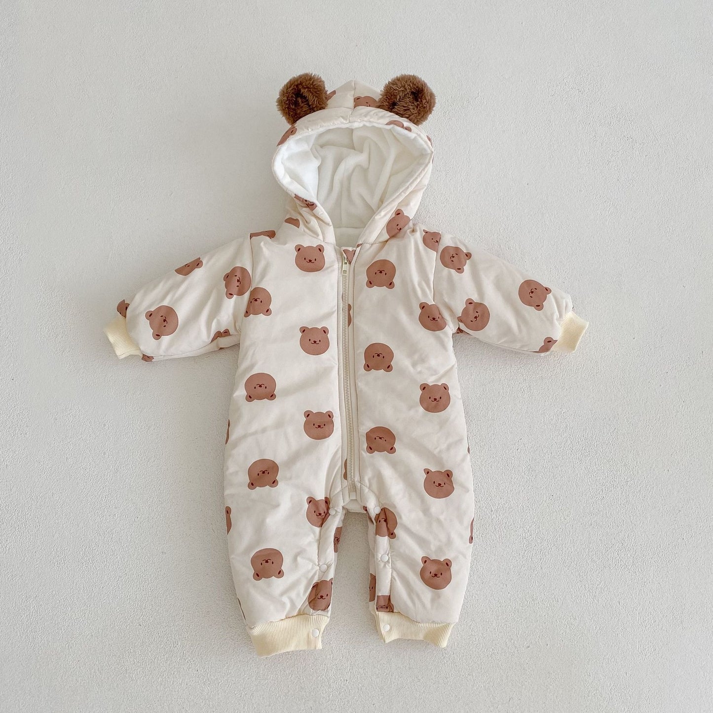 Winter Fleece Warm Bear Print Hooded Long Creeping Cotton Bodysuit Infant and Toddler Boys and Girls Long Creeping Clothes