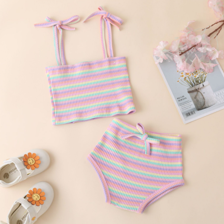 two-piece set ins style children's summer new product color pit striped sling +   shorts
