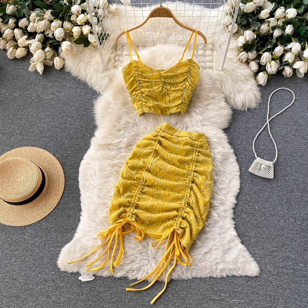 Girls New Summer Strap Short Pleated Top Wrapped Hip Half Skirt Drawstring Short Skirt Pure Desire Two Piece Set