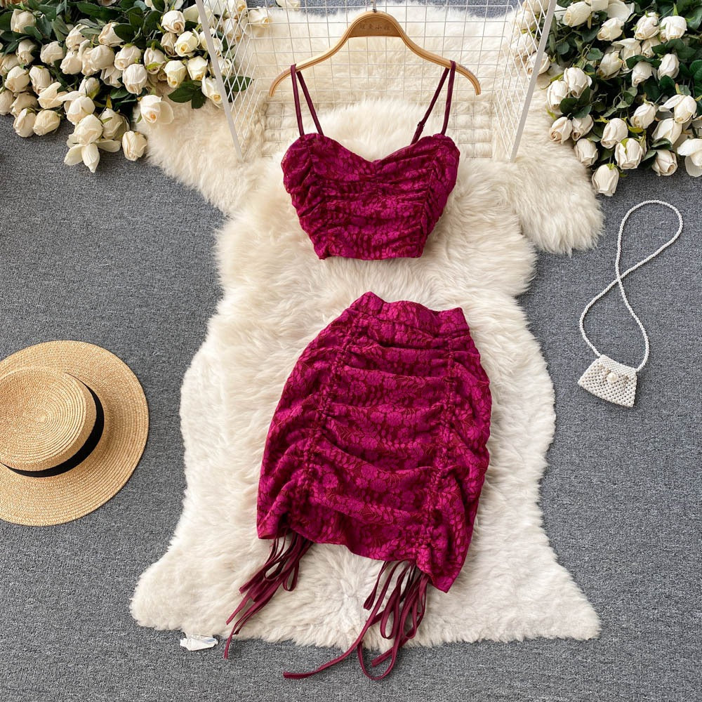 Girls New Summer Strap Short Pleated Top Wrapped Hip Half Skirt Drawstring Short Skirt Pure Desire Two Piece Set