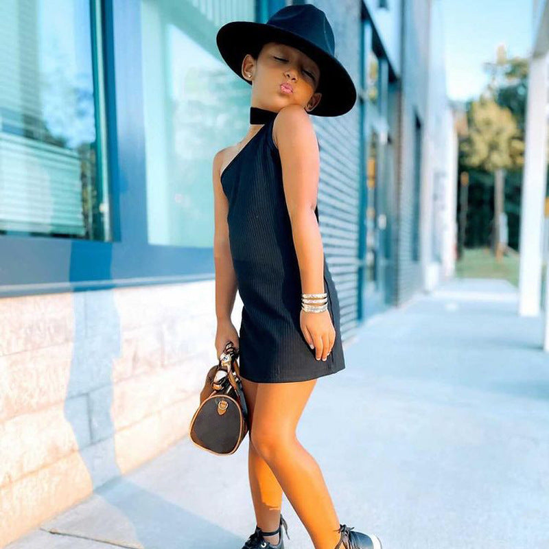 Spring And Summer New Children's Wear European And American Girls Fashion Pop One Shoulder Sleeveless Dress