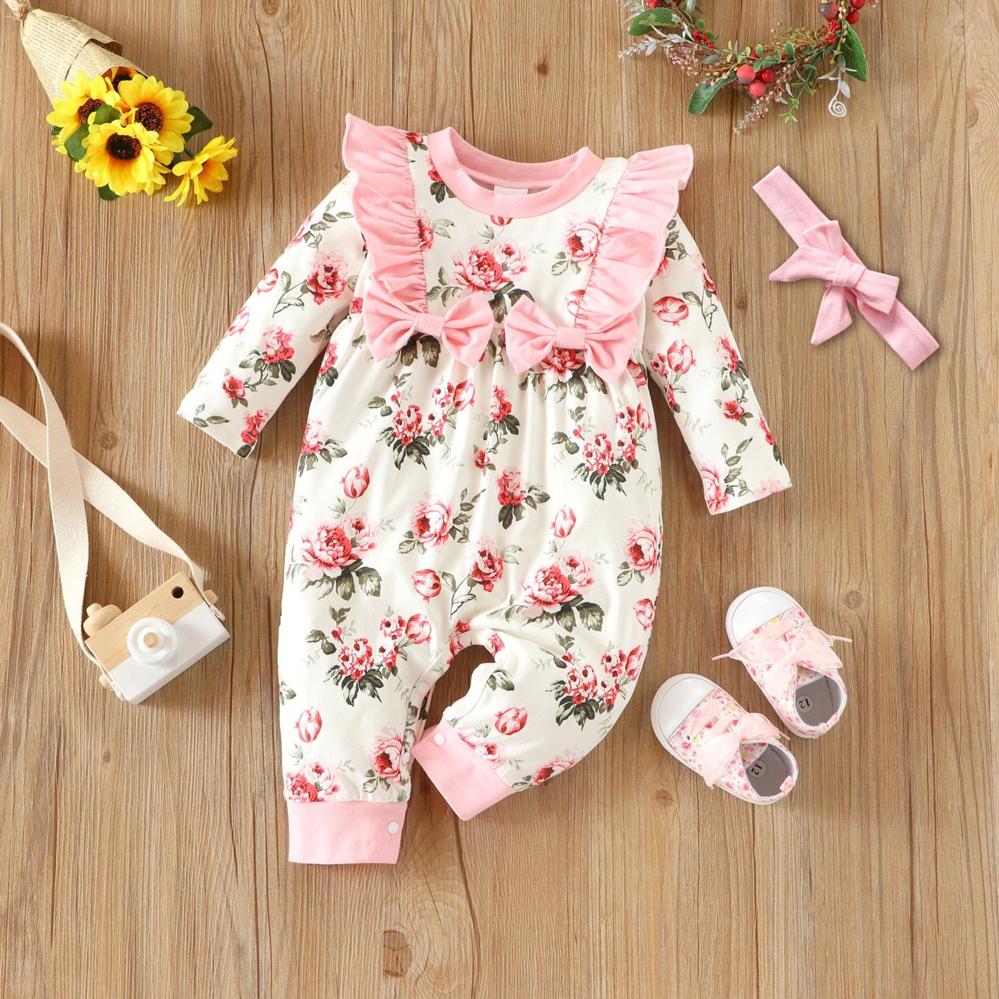 Infant Children's Long-Sleeved Lace Bow Flower One-Piece Romper Girl Baby Autumn And Winter Romper