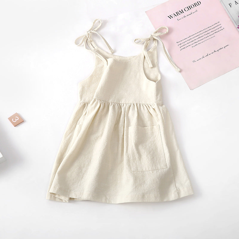 Ins Girls Summer Solid Color Cotton And Linen 2 Side Pocket Suspender Dress Tie Children's Suspender Dress