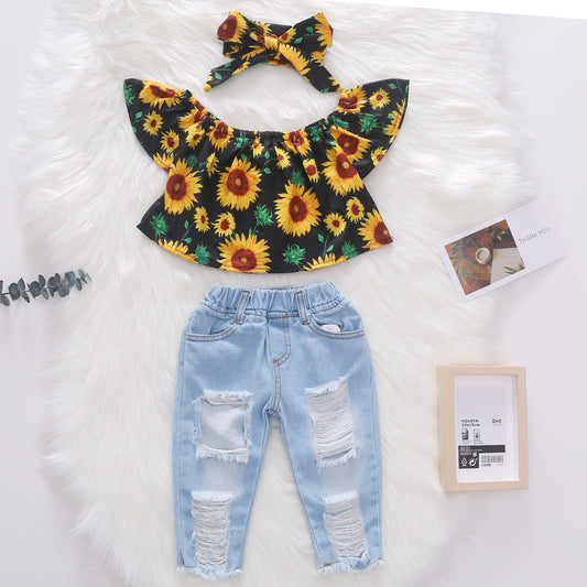 Girls' Flying Sleeves Woven Print Sunflower Brushed Denim Ripped Pants Bandana Three-piece Set Europe and America
